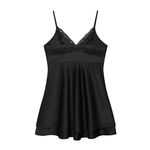 Detail of black satin nightdress with lace trim v-neckline and adjustable straps