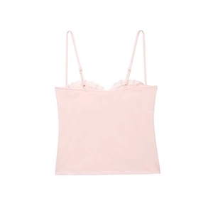 Pale pink satin camisole top with lace trim and adjustable spaghetti straps on white background