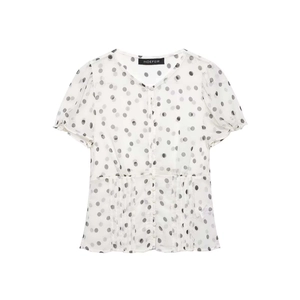 Detail of V-neck white chiffon blouse with black polka dots and pleated waistline