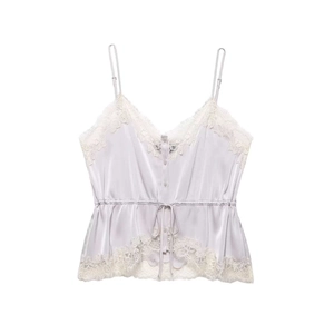 Satin V-neck camisole in light purple with white lace trim and button-front detail