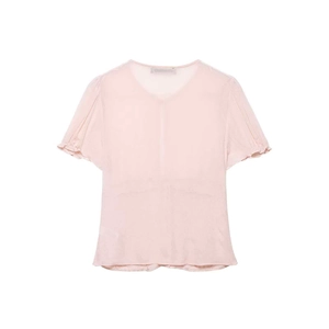 Elegant light pink V-neck chiffon blouse with ruffled flutter sleeves and waist design