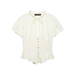 Vintage beige seersucker shirt for women featuring ruffle trim and smocked waist
