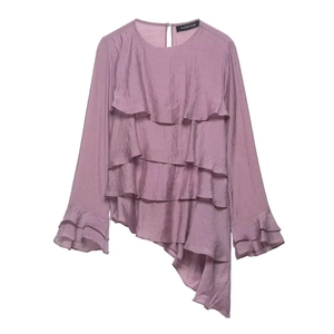 Elegant tiered ruffle chiffon blouse for women with irregular hem and long sleeves in mauve