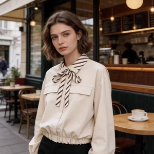 Women Lantern Sleeve Apricot Shirt Striped Bow Tie Collar Elegant Office Long Sleeve Blouse Elastic Hem French Vintage Top