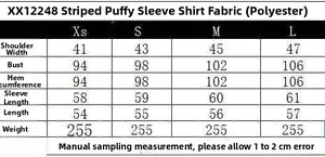 Size guide for women's striped puff sleeve shirt showing bust and shoulder measurements
