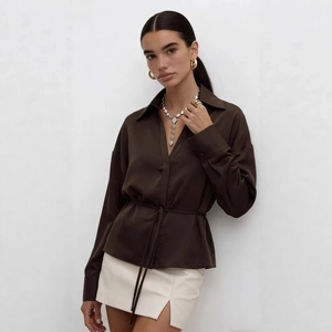 Damen Elegant Satin V-Ausschnitt Langarm Hemd Mit Gürtel Einfarbig Büro Pendler Casual Bluse Oberteile