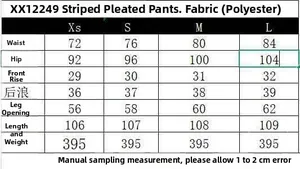 Detailed size chart for women striped pleated trousers including waist and length measurements