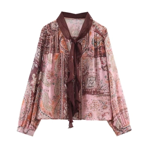 Chemisier en Mousseline de Soie Imprimé Paisley Vintage pour Femme Élégant Manches Longues Col à Nouer Top