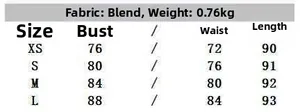 Size guide for backless lace dress showing chest and length measurements from XS to L