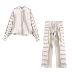 Women's Casual Striped Long Sleeve Stand Collar Puffy Sleeve Button Up Shirt And High Waist Wide Leg Belted Pants Outfit