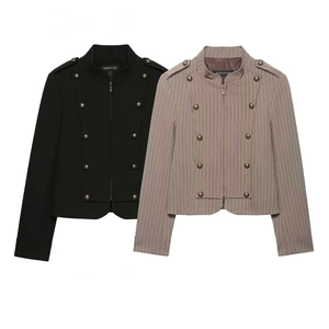 Damen Militär-Stil Gestreift Slim Fit Blazer Stehkragen Zweireihig Vintage Schulterklappen Metallknöpfe Jacke Oberbekleidung