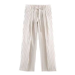 Summer striped high-waisted wide-leg trousers with adjustable tie belt and loose fit design