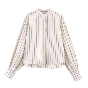 Women's elegant long-sleeved striped shirt with puff sleeves and classic round neckline