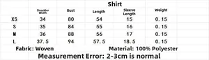 Size chart for striped poplin shirt showing shoulder, chest, length, and sleeve measurements