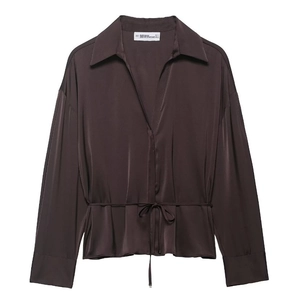 Dunkelbraune Satin-Langarmshirt mit tiefem V-Ausschnitt und Taillen-Kordelzug-Detail