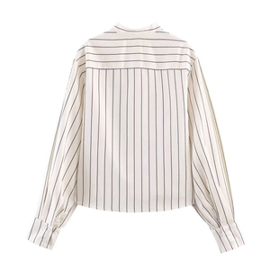 Back view of a striped long sleeve blouse with stand collar and horizontal yoke detail