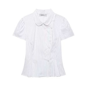 Women Elegant Striped Short Sleeve Blouse With Peter Pan Collar Asymmetrical Button Puff Sleeve Peplum Hem Office Shirt