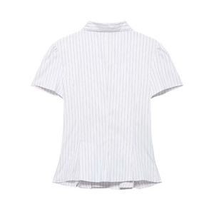 Women's short-sleeved striped poplin shirt with vertical blue stripes and tailored back