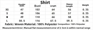 Size chart for women's long sleeve shirt with polyester fabric measurements from XS to L