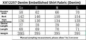 Tableau détaillé des tailles pour la chemise en jean bleu foncé avec mesures en cm
