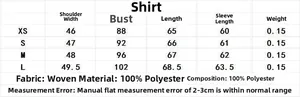 Size chart for loose long sleeve polyester shirt with measurements from XS to L