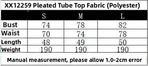 Size chart for the ruched strapless top showing bust and length measurements in centimeters