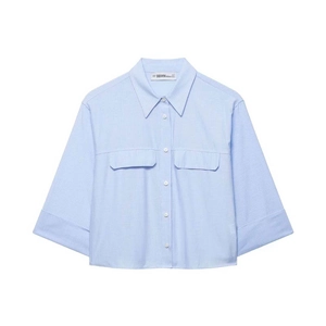 Women's Light Blue Striped Cropped Shirt dropped Shoulder 3/4 Sleeve Double Pockets Casual Office Blouse Top For Women
