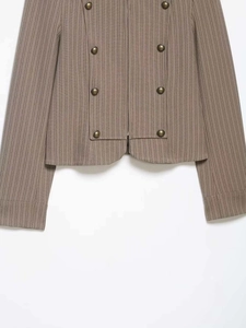 Detail eines braun gestreiften Blazers mit zweireihigen Bronzeknöpfen und Reißverschluss
