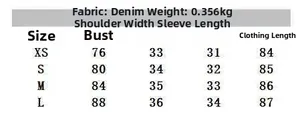 Size chart for bubble sleeve denim mini dress with bust and length measurements