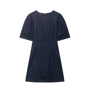 Women's Dark Blue Denim Mini Dress Puff Sleeve Round Neck Contrast Stitching Slim Fit A-Line Short Summer Jeans Dress