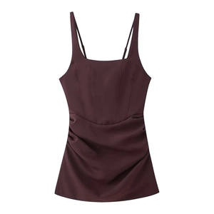 Elegant burgundy ruched satin camisole top with thin straps and a square neckline