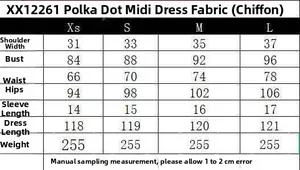 Größentabelle für das gepunktete Chiffon-Midikleid mit den Maßen von XS bis L