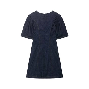 Deep blue denim mini dress with puff sleeves and yellow topstitching in flat lay view