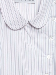Detail of blue striped poplin shirt featuring a Peter Pan collar and white buttons