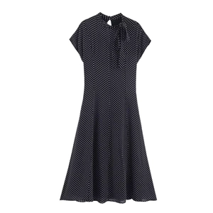 Damen Elegant Polka Dot Midi Kleid Retro Stehkragen Mit Schleife Kurzarm Flügelärmel A-Linie Slim Fit Sommerkleid