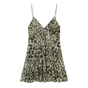 Leopard print sleeveless summer dress with spaghetti straps and deep V-neckline