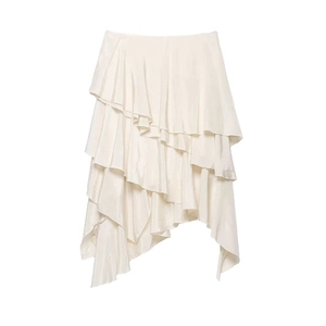 Women Elegant Satin Asymmetrical Ruffle Midi Skirt High Waist Layered Tiered A-Line Skirt For Daily Dating Party Fashion