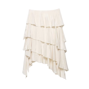 Minimalist cream white satin skirt with irregular ruffles and tiered layering