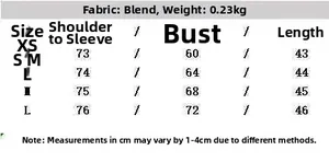 Size chart for women's pleated flared sleeve shirt with fabric and weight details