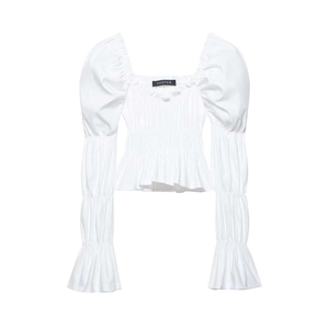 Women Vintage Square Neck Smocked Waist Puff Sleeve Shirt White Flare Sleeve Short Blouse Summer Casual Elegant Top