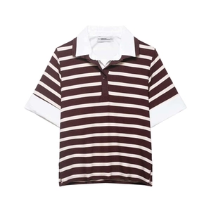 Women's Casual Striped Polo Shirt Short Sleeve Contrast Collar Loose Summer Patchwork Knit Top For Daily Wear