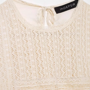 Elegant apricot lace crochet chiffon top for women with hollow floral patterns and tie neck