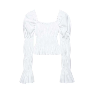 White square neck smocked waist blouse with flared long sleeves and a peplum hem