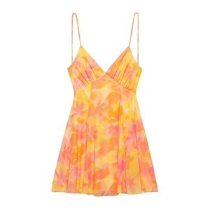 Floral print summer slip dress in yellow and orange chiffon with V-neck and mini length