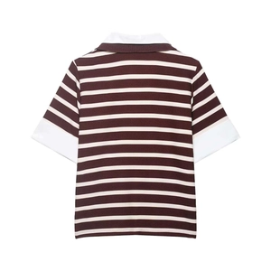 Short-sleeve burgundy striped polo shirt with white collar and cuffs in loose fit