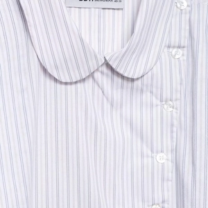 Classic white and blue striped poplin shirt with a round Peter Pan collar and button front
