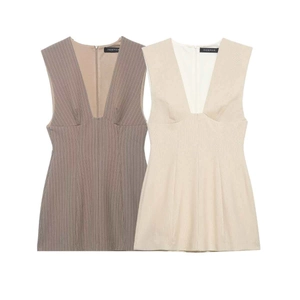 Vestito Donna con Scollo a V Profondo Senza Maniche a Righe Mini Abito Estivo Aderente Texture a Costine Elegante Casual Senza Maniche