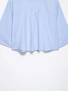 Detailed view of blue striped cotton shirt featuring rear box pleat and fabric texture