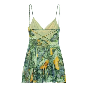 Detail of tropical floral print sundress with thin straps and cross back design
