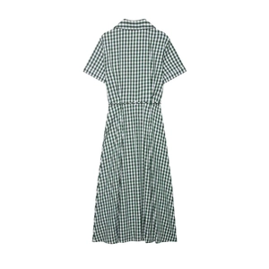 Green and white gingham short sleeve shirt dress with waist tie and a classic collar
